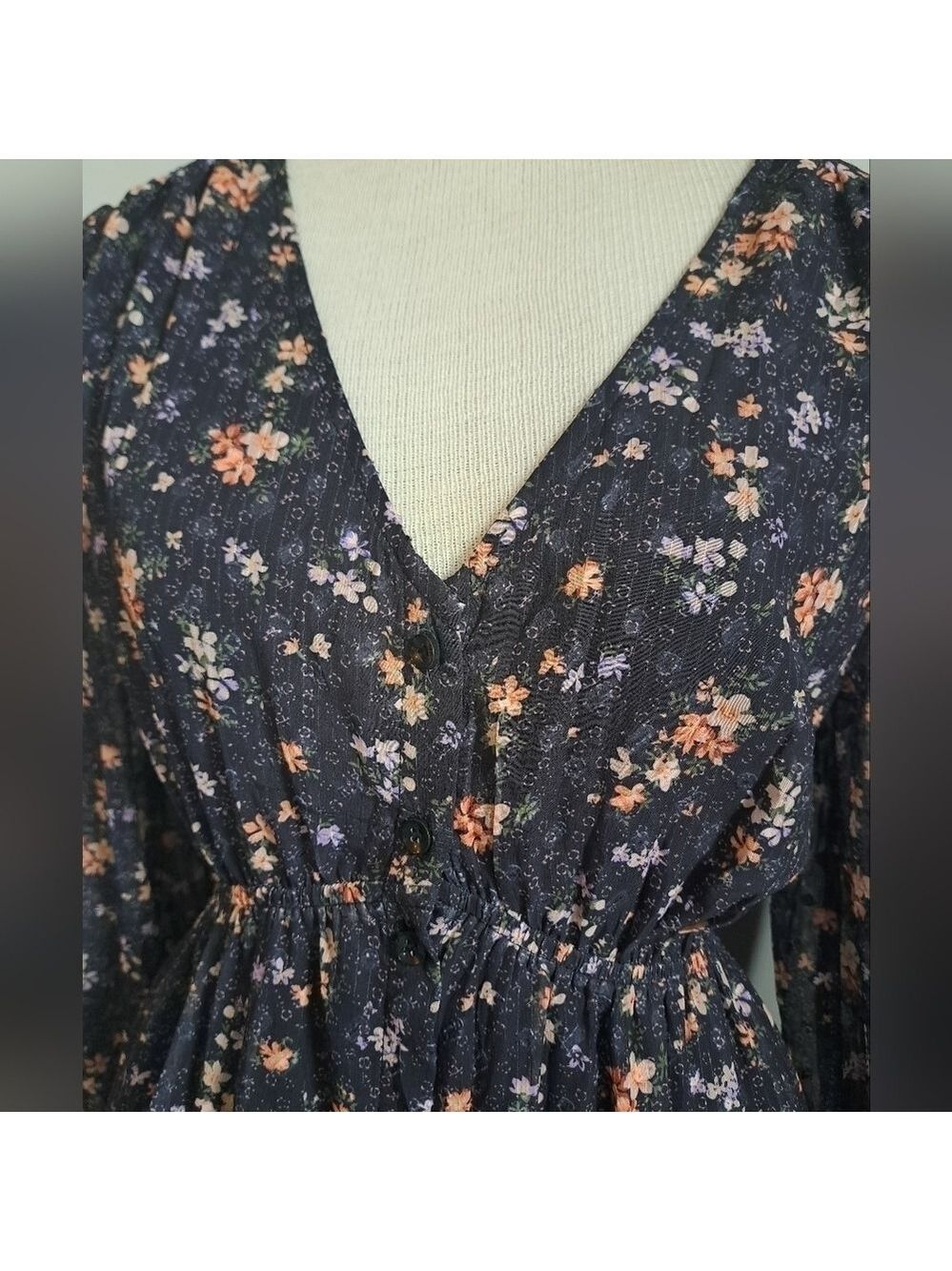 Tiny floral tiered MAXI  dress long sleeves ruffle cuff button up Shabby Aakaa S - Picture 11 of 12